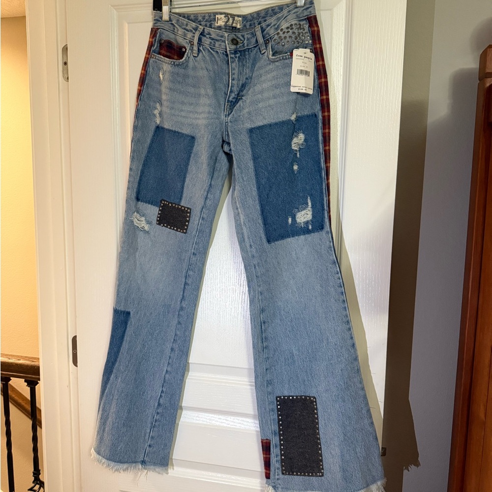 Free People Patchwork Blue Jeans